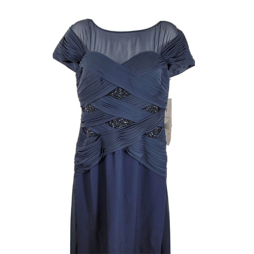 Navy Blue Short-Sleeve Bridal Gown with Embellished Waist - Picture 7 of 9